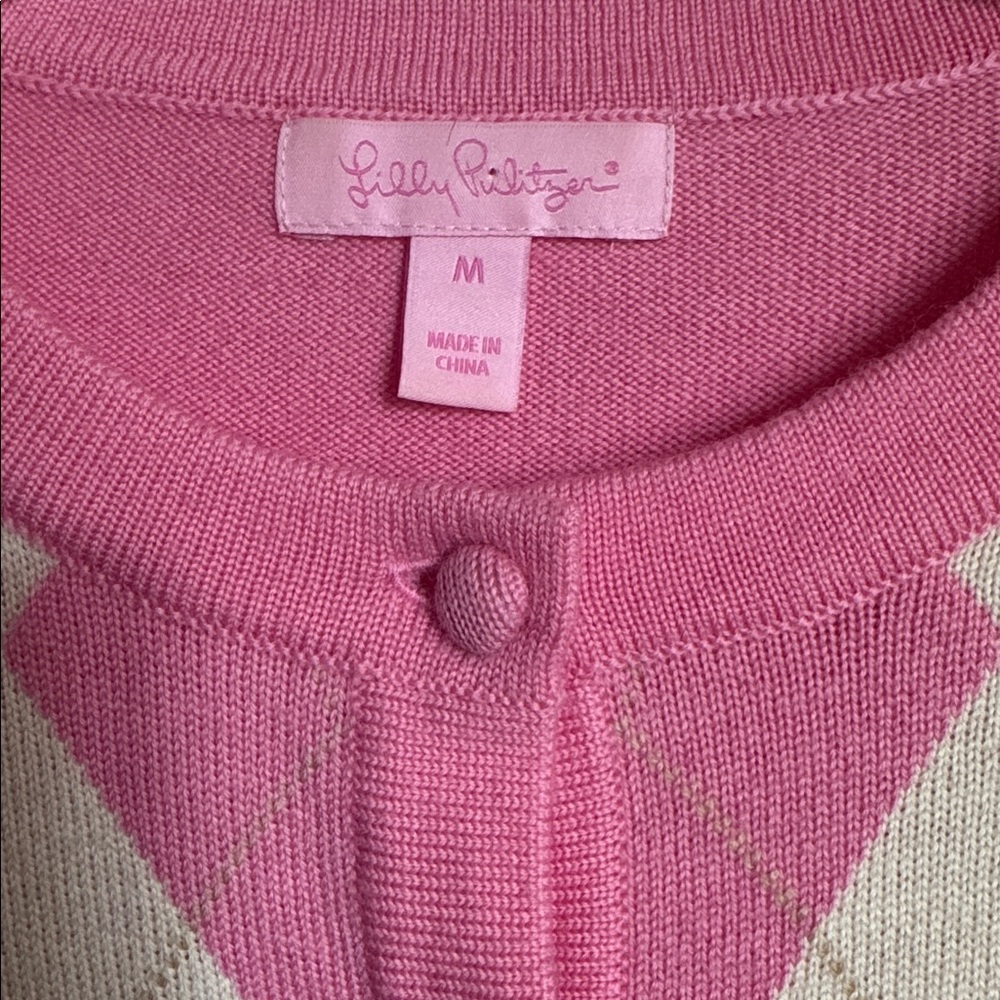 LILLY PULITIZER Argyle Pink Gray Ivory Button Sweater Merino Wool Medium - Picture 7 of 10